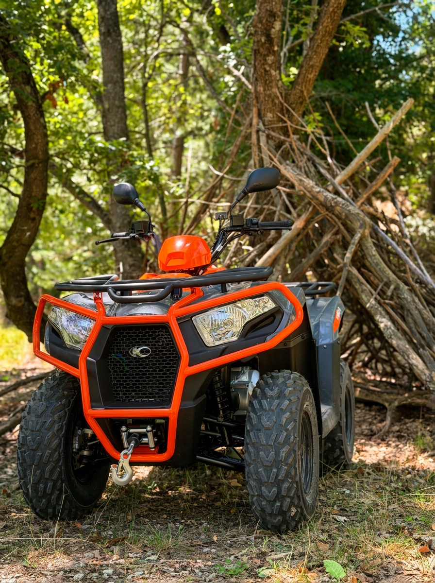 Quad MyQuad sur un chemin de terre bordé d'oliviers