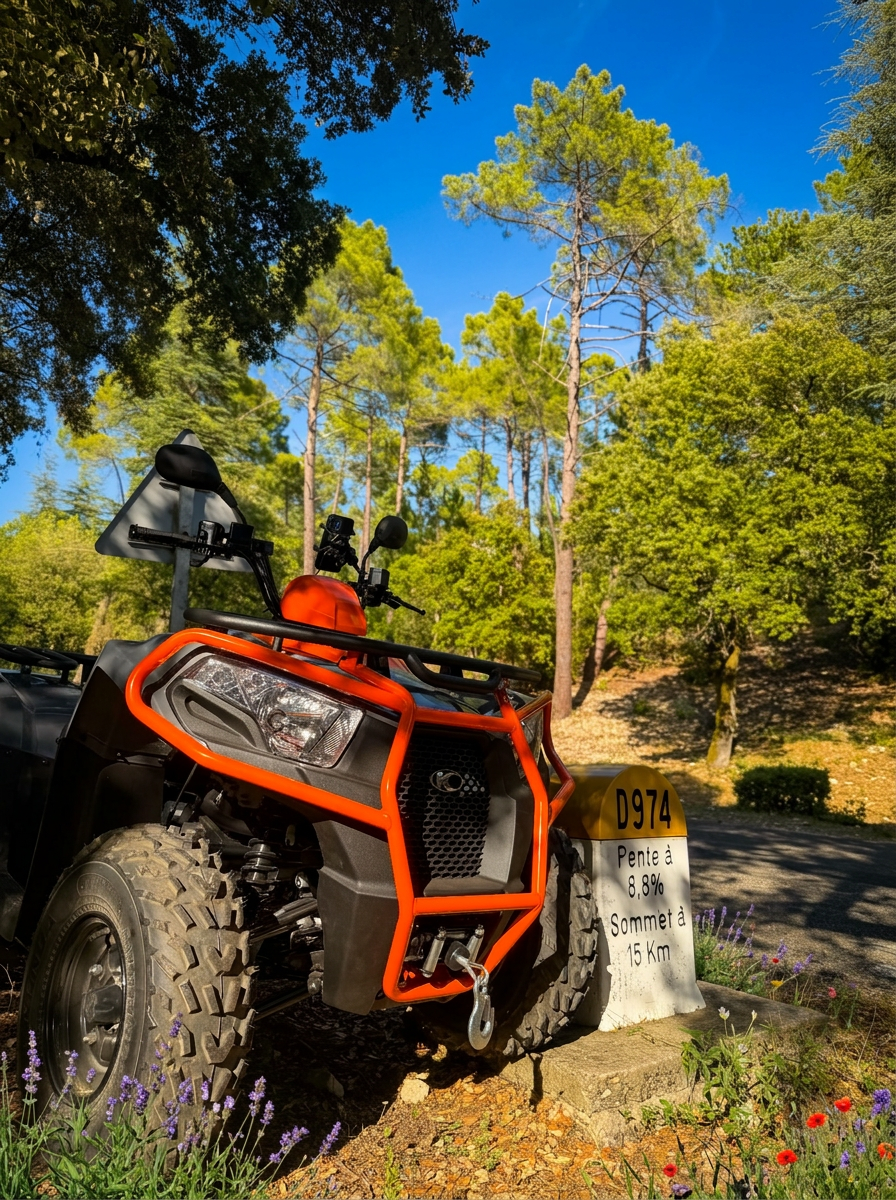 Quad MyQuad stationné devant un paysage de garrigue provençale